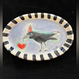 Hand Painted Ceramic Serving Tray” Crow with Heart  “11.5”x8”Original Design